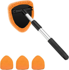 Car Windshield Cleaner Tool, Vehicle Window Detailing Cleaning Kit with Extendable Handle & 4 Washable Microfiber Pad, Auto Glass Wiper Cleaner for Exterior & Interior, Universal Fit (Red)
