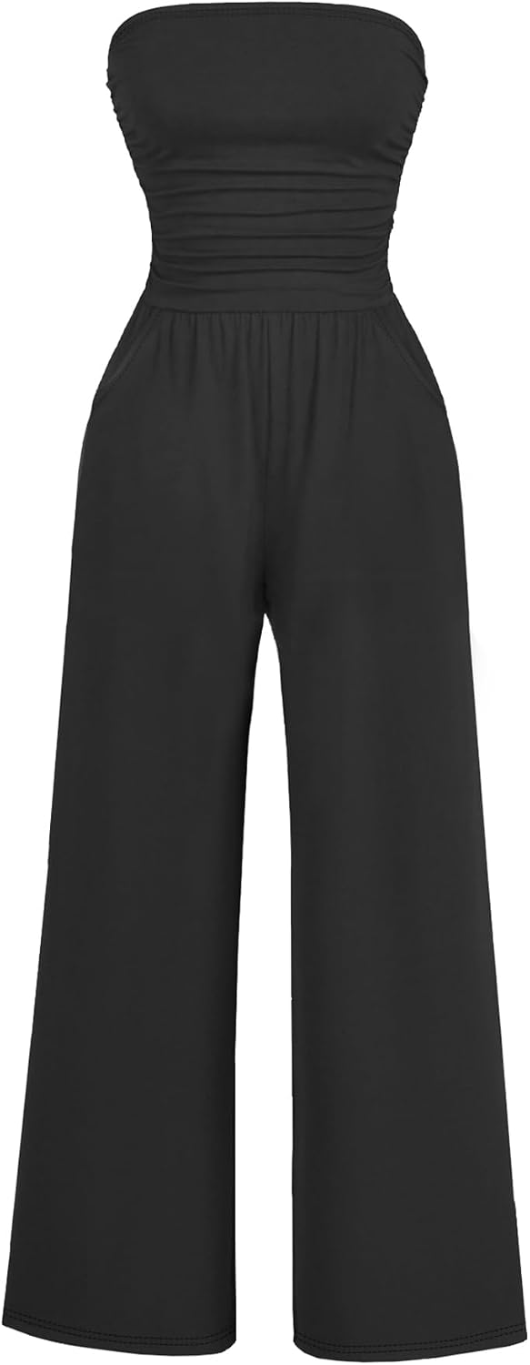 AUXDIO Women's Casual Summer Strapless Jumpsuits Off Shoulder Sleeveless Backless 2025 Wide Leg Romper with Pocket