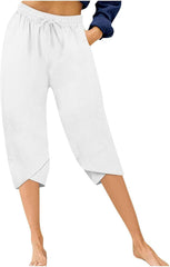 Women's Cotton Linen Drawstring Pant Petal Hem Straight Tube Sweatpant High Elastic Solid Trouser Side Pocket Pants
