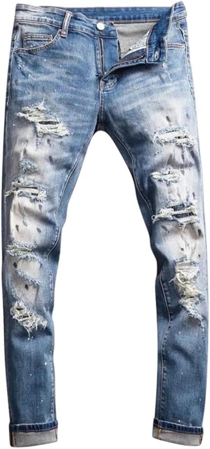 Men's Retro Ripped Jeans Slim Fit Stretch Light Blue Patched Vintage Skinny Denim Pants