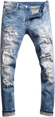 Men's Retro Ripped Jeans Slim Fit Stretch Light Blue Patched Vintage Skinny Denim Pants