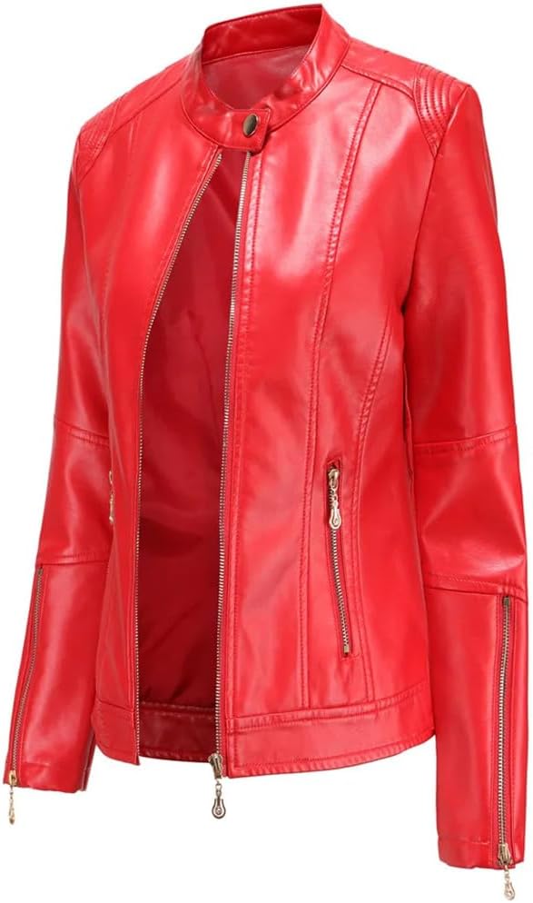 Women's PU Leather Moto Jacket Short Zipper Slim Fit Motorcycle Style Spring and Autumn Coat
