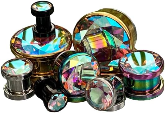 PAIR of Stunning Large Clear or AB Gem PVD Plated Screw Fit Tunnels - Plugs - Gauges - Body Jewelry