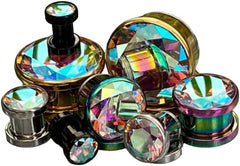 PAIR of Stunning Large Clear or AB Gem PVD Plated Screw Fit Tunnels - Plugs - Gauges - Body Jewelry