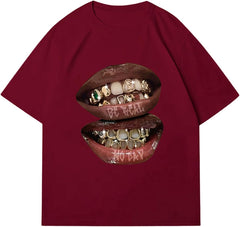 Verdusa Women's Lips Print Graphic Tees Y2k T Shirts Summer Crew Neck Vintage Going Out Tops