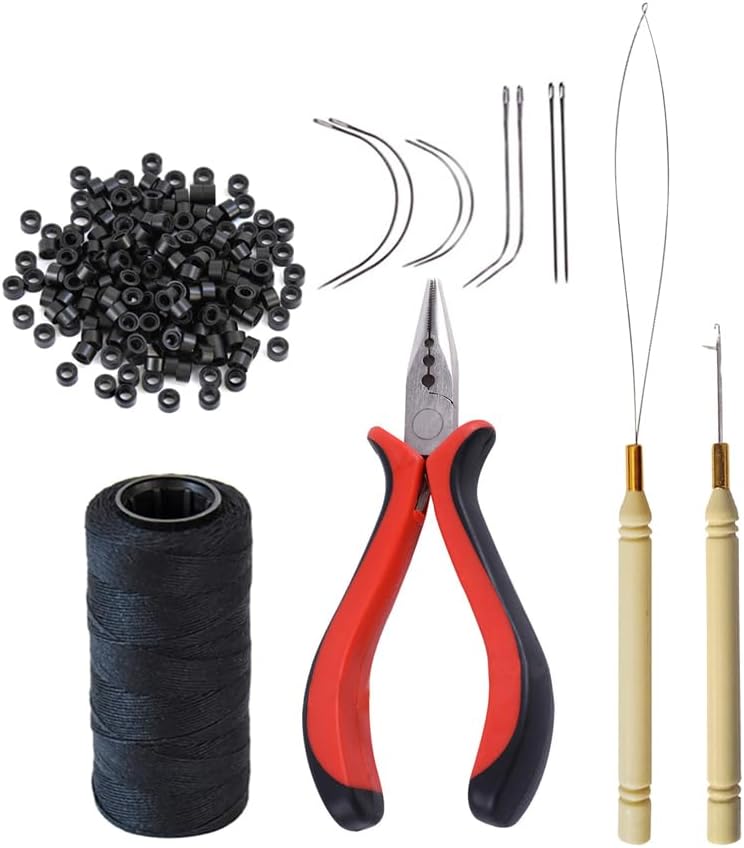 Hair Extensions Tool Kit: 200 Pcs Silicone Lined Micro Links Beads, 1 Three Hole Hair Pliers, 1 Roll Sewing Thread, 1 Loop Needle Threader, 1 Pulling Hook Needle, 8 Sewing Needles (Blonde)