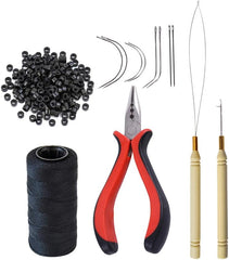 Hair Extensions Tool Kit: 200 Pcs Silicone Lined Micro Links Beads, 1 Three Hole Hair Pliers, 1 Roll Sewing Thread, 1 Loop Needle Threader, 1 Pulling Hook Needle, 8 Sewing Needles (Blonde)