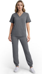 Scrubs for Women Set, Stretchy V-Neck Top & Jogger Pants with Multi-Pocket Yoga Waistband