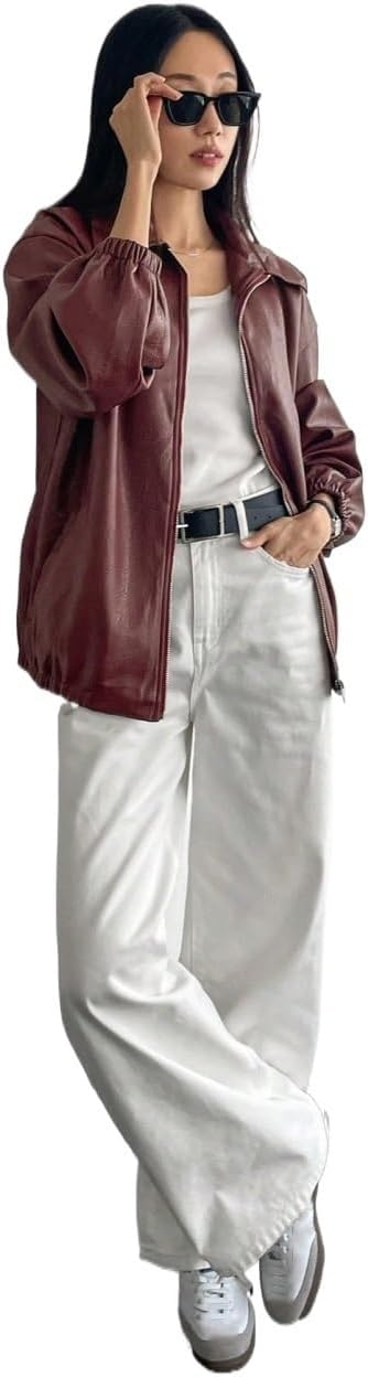 Women 2024 Fall Winter jackets Solid Color Zipper Long Sleeve PU Leather Jacket Casual Wear