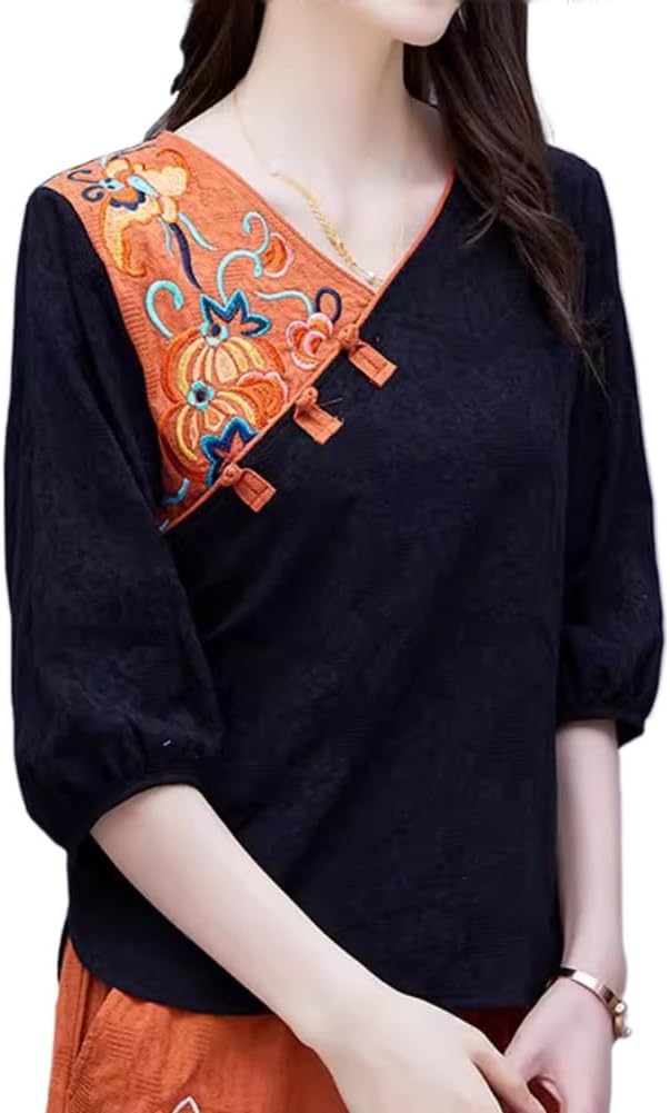 Ethnic style embroidered casual suit women, spring and retro Vneck loose cotton linen top pants twopiece set