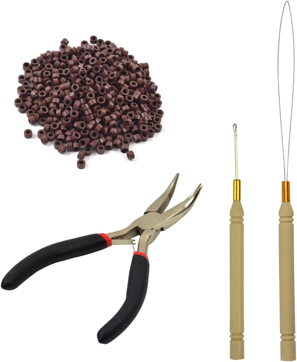 Hair Extensions Tool Kit Black Hair Pliers Pulling Hook Bead Device Tool Kits and 500 Pcs 5 mm Micro Links Rings Beads (Black)