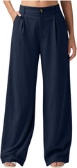 Linen Pants Women Wide Leg Button Work Dress Pant Lightweight Soft Comfy Casual Business Trousers with Pockets