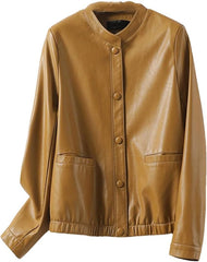 Women Short Jackets O-Neck Covered Button Slim Sheepskin Jackets Coats