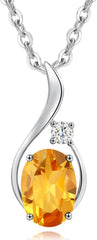 FANCIME 14K Solid White Gold Oval Gemstone Necklace with Diamond Pendant Gifts for Mom Women,16"+2" Inches