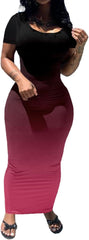 PINSV Women's Casual Bodycon Maxi Dress Summer Scoop Neck Short Sleeve Long Fitted Dresses Club Party