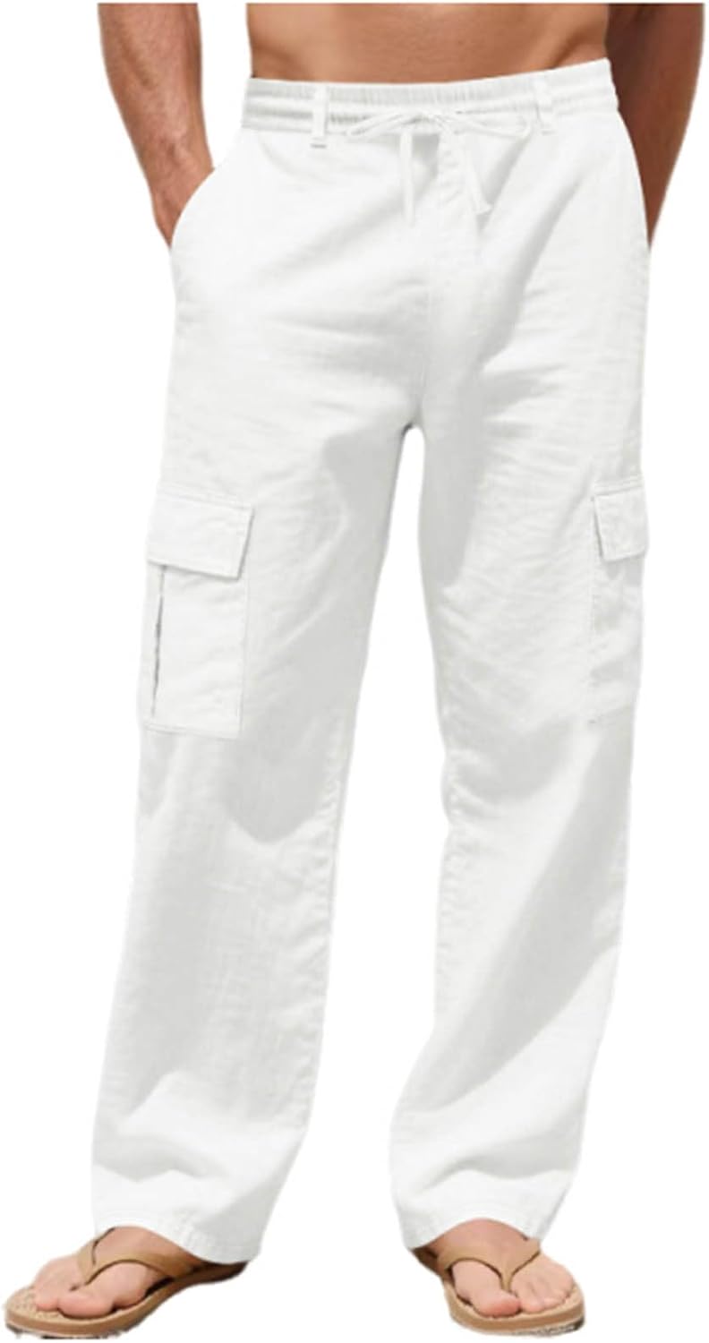 Cambkatl Men's Straight Leg Casual Linen Sweatpants Elastic Waist Loose Stretch Outdoor Hiking Cargo Pants with Pockets