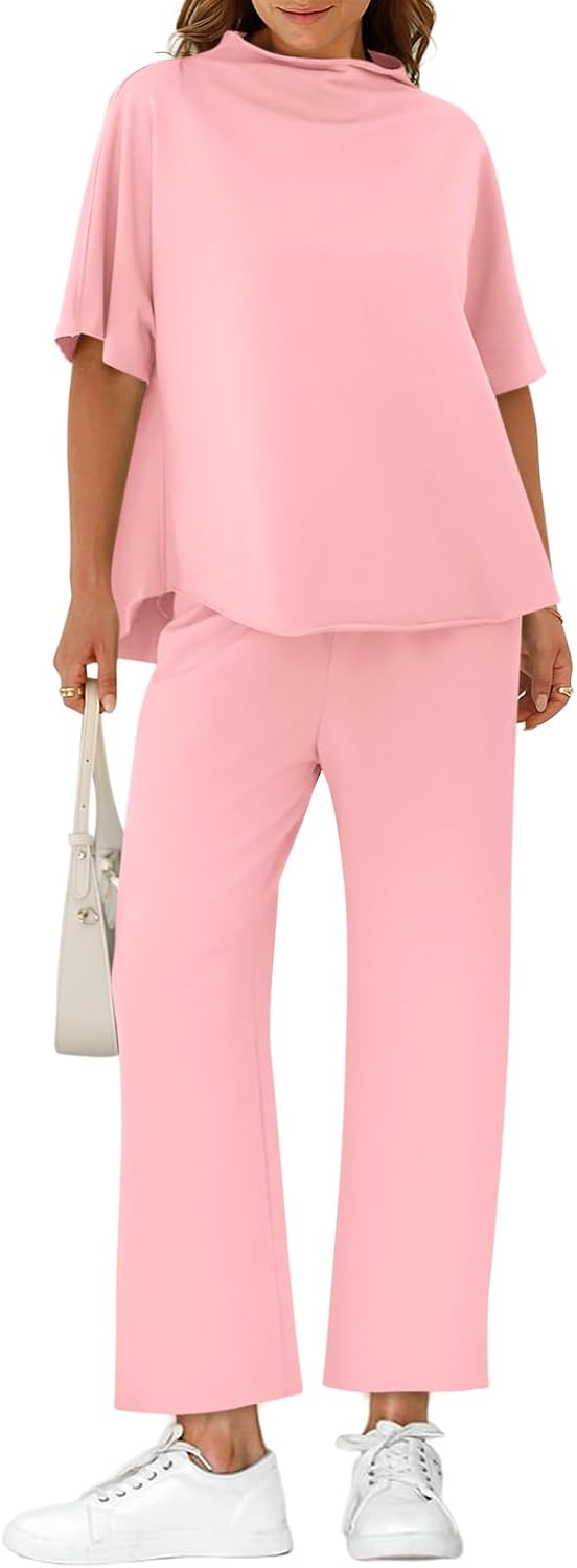 Yousify Women's Oversized Lounge Set 3/4 Batwing Sleeve Crew Neck Pullover Top Wide Leg Pants Two Piece Outfits