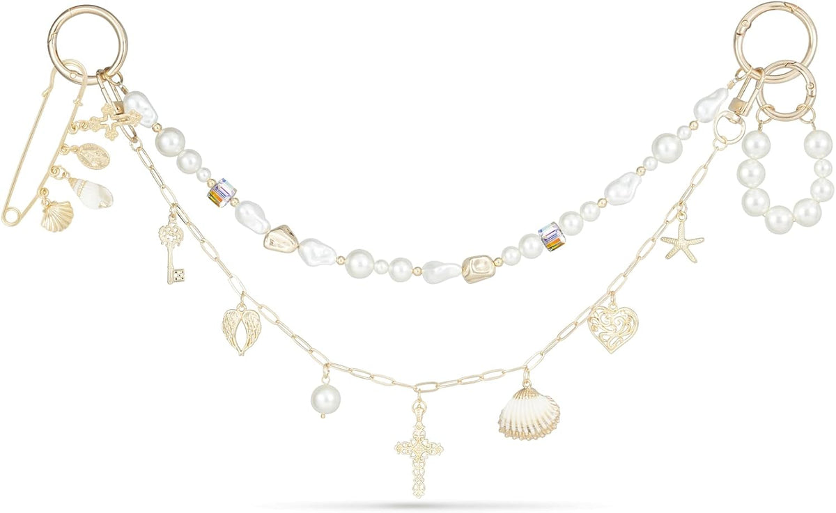 4-in-1 Bag Charms Set, Elegant Gold Purse Charms with Pearl Beads, Shell Pendant, and Safety Pin, Handbag Charm