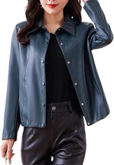 Women Short Leather Coat Spring Fashion Turn-Down Collar Single Breasted Casual Slim Jacket Leather Outerwear