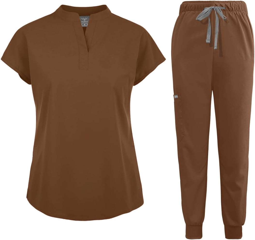 niaahinn Scrubs Set for Women Nurse Uniform Jogger Suit Stretch Top & Pants with Multi Pocket for Nurse Esthetician Workwear