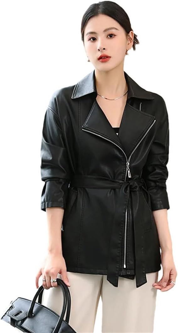 Women Leather Coat Zipper Fly Lace-Up Slim Waist Sheepskin Trench Coat Split Leather Coat
