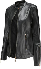 Women's PU Leather Moto Jacket Short Zipper Slim Fit Motorcycle Style Spring and Autumn Coat