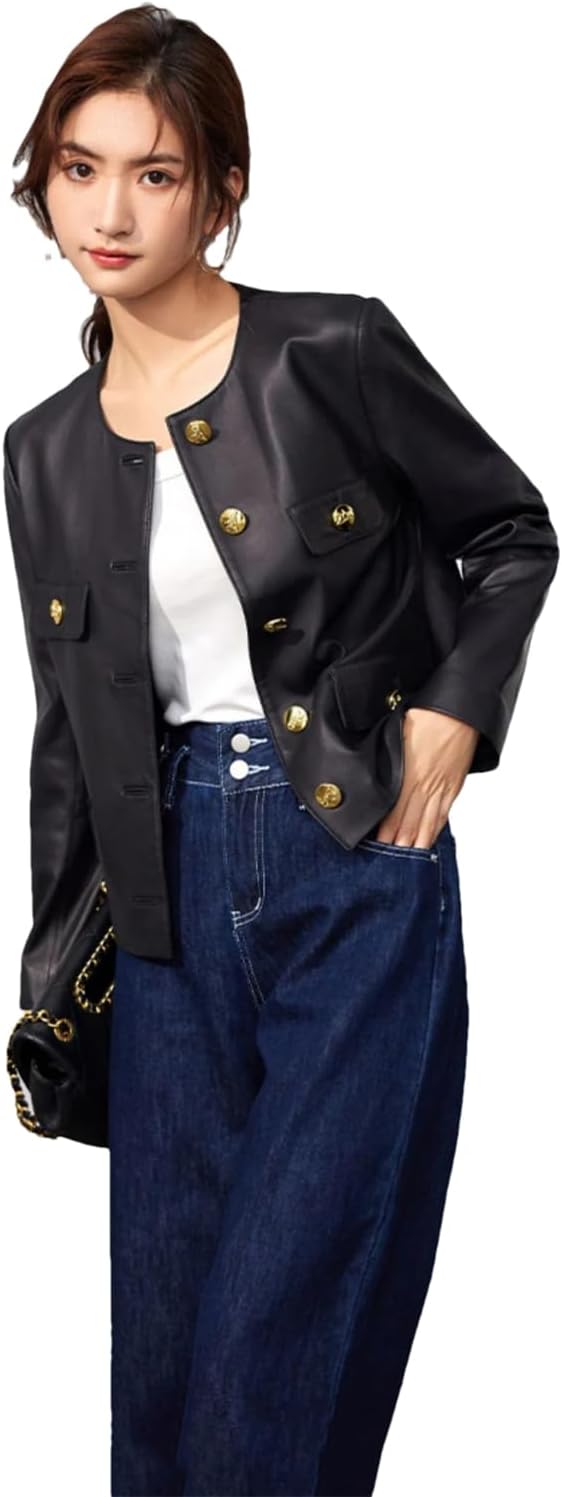 Pulcykp Women Crew Neck Leather Single-Breasted Jackets Metal Buttons Fall Long Sleeve Short Leather Coat