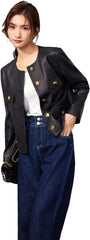Pulcykp Women Crew Neck Leather Single-Breasted Jackets Metal Buttons Fall Long Sleeve Short Leather Coat