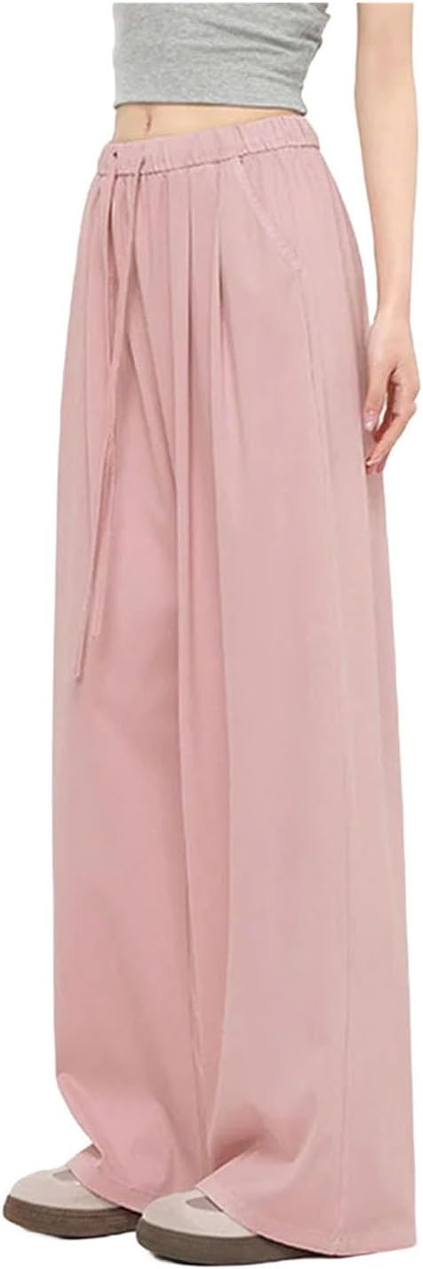 Women's Wide Leg Ice Silk Jeans Fashion Elastic Waist Loose Pants Comfortable Pocket Straight Trousers Female