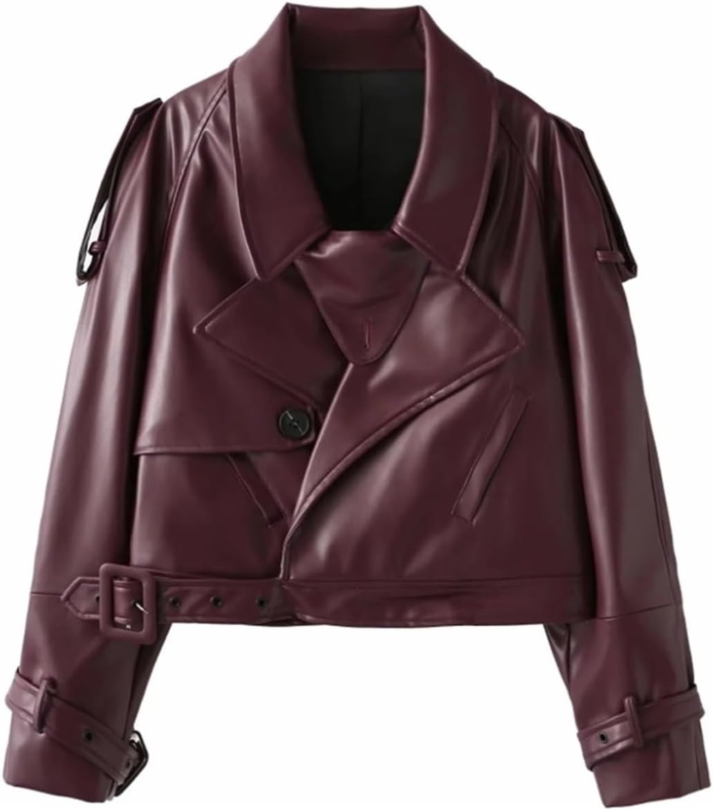 2024 Women's Elegant Vintage Leather Jacket - Long Sleeve, Turn-down Collar, Stylish Moto Design for Chic Outfits.