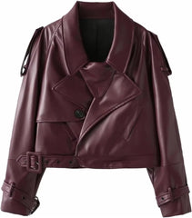 2024 Women's Elegant Vintage Leather Jacket - Long Sleeve, Turn-down Collar, Stylish Moto Design for Chic Outfits.