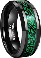 6mm 8mm Silver/Black Tungsten Rings for Men Women Black/Red/Green/Purple Carbon Fiber Celtic Dragon Inlay Fashion Jewelry Engagement Wedding Bands Beveled Edges Comfort Fit