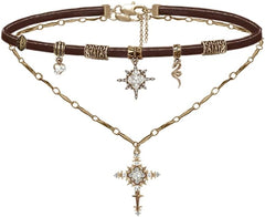 Retro stylish Star Cross Pendant Necklace Faux Leather Women's Collar Personalized Double Layer Necklace M2592