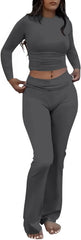 AYWA Women's 2 Piece Outfits Foldover Flare Pants Long Sleeve Crew Neck T-shirt Fitted Pajama Sets