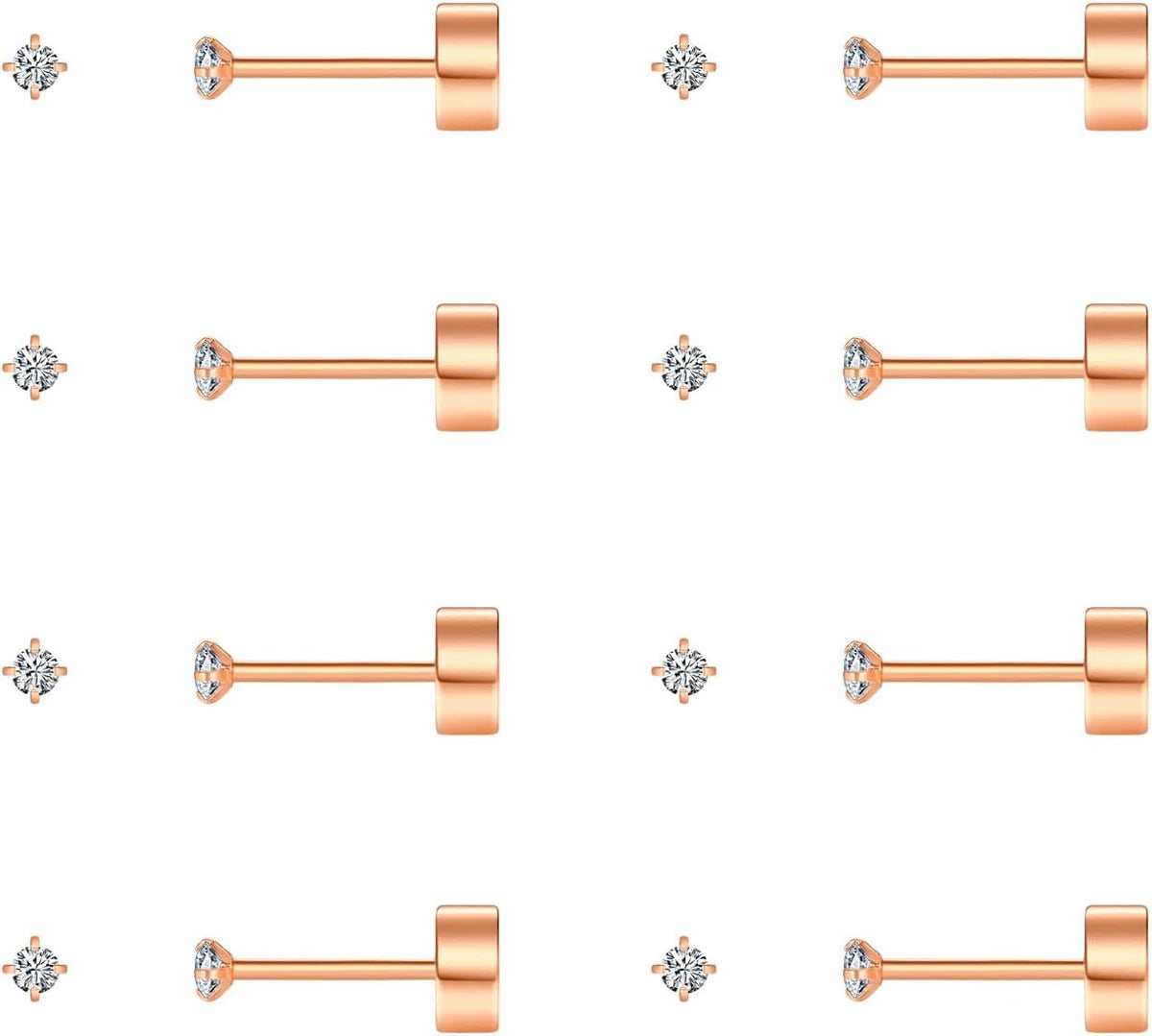 8 Pairs Tiny Flat Back Earrings for Women Men 14K Gold Plated Surgical Stainless Steel Stud Earrings Hypoallergenic Cubic Zirconia Cartilage Earrings, 2mm 3mm 4mm
