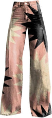 Women Wide Leg Flare Jeans with Pockets Baggy Pants Vintage Floral Print High Waisted Loose Jeans