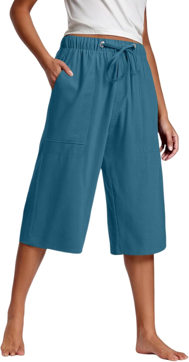 Capri Pants for Women Dressy Wide Leg Elastic Waist Pant Casual Cropped Pants Summer Beach Trousers with Pockets