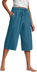 Capri Pants for Women Dressy Wide Leg Elastic Waist Pant Casual Cropped Pants Summer Beach Trousers with Pockets