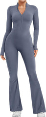 YEOREO Women Long Sleeve Flare Workout Jumpsuit Zip Up Romper Bottom Pants Wide Leg Bodysuit Bodycon Sexy One Piece
