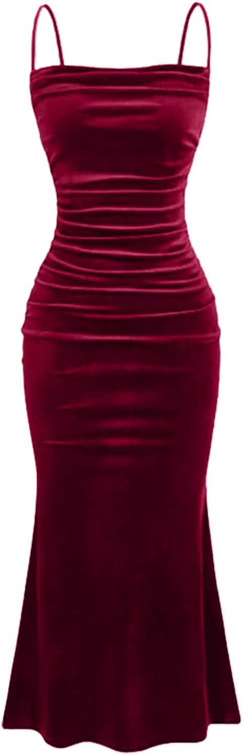 Women's Velvet Bodycon Dress Spaghetti Strap Sleeveless Wedding Guest Dress Sexy Evening Club Party Long Dresses