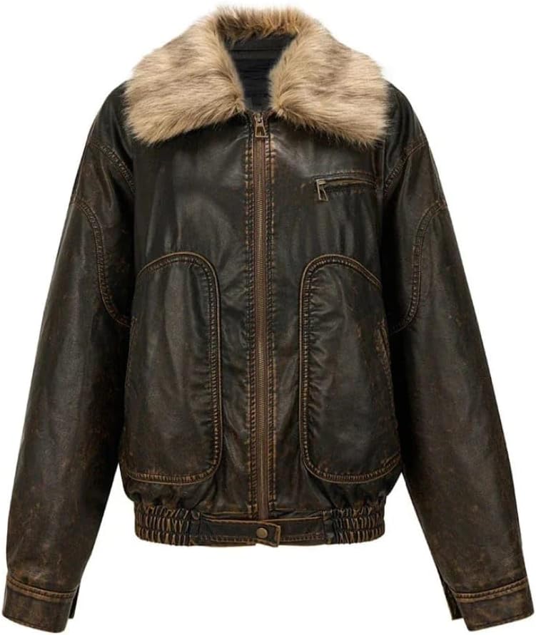 Women’s Vintage 90S Removable Genuine Leather Oversize Retro style Fur Collar Casual Wear Bomber Jacket