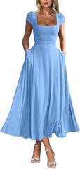 YMDUCH Women's Casual Short Sleeve Square Neck Solid Slim Flowy Maxi Dress with Pockets