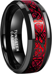 6mm 8mm Silver/Black Tungsten Rings for Men Women Black/Red/Green/Purple Carbon Fiber Celtic Dragon Inlay Fashion Jewelry Engagement Wedding Bands Beveled Edges Comfort Fit