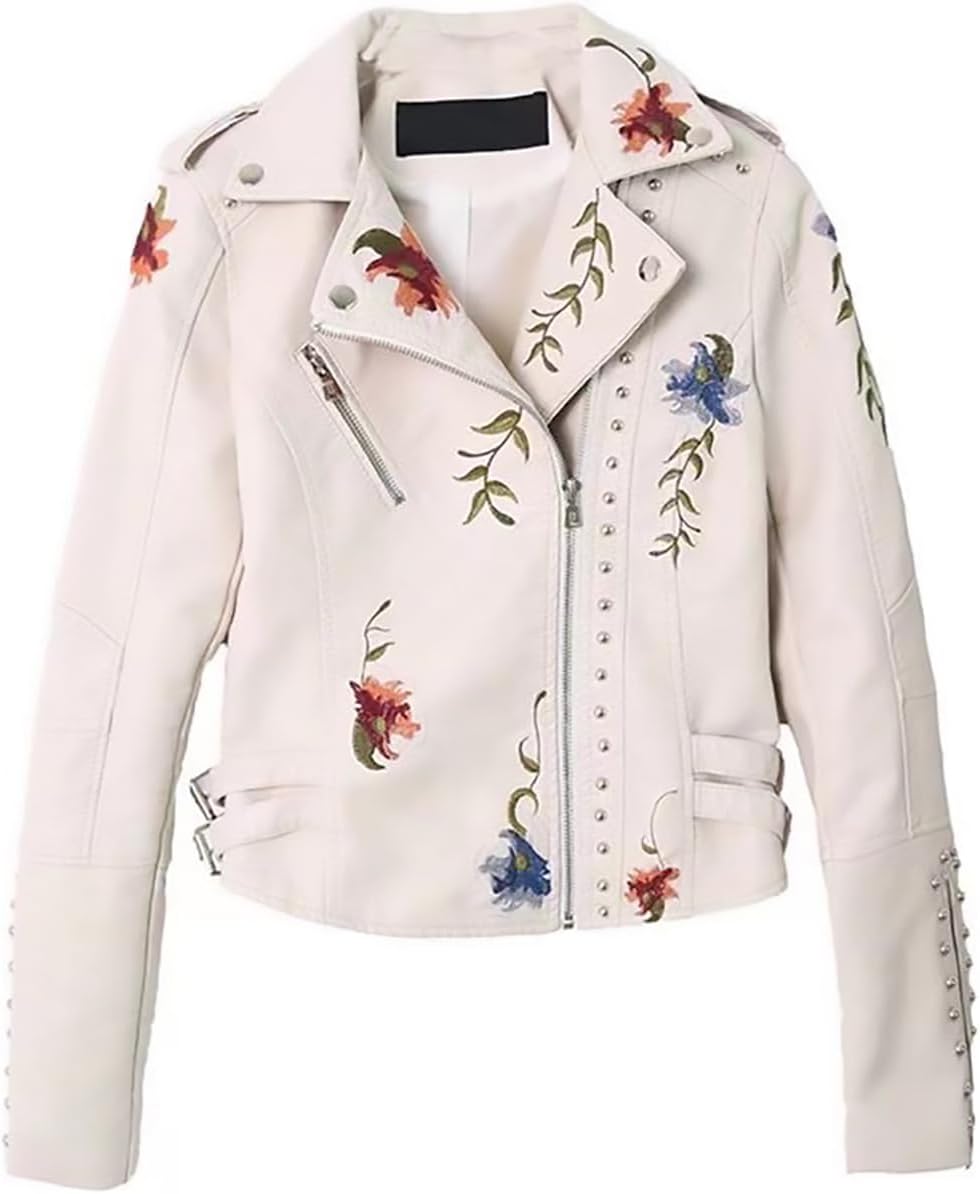 Women's Faux Leather Jacket with Floral Embroidery, Slim Fit PU Moto Coat, Windproof and Waterproof Lightweight Jacket