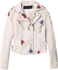 Women's Faux Leather Jacket with Floral Embroidery, Slim Fit PU Moto Coat, Windproof and Waterproof Lightweight Jacket