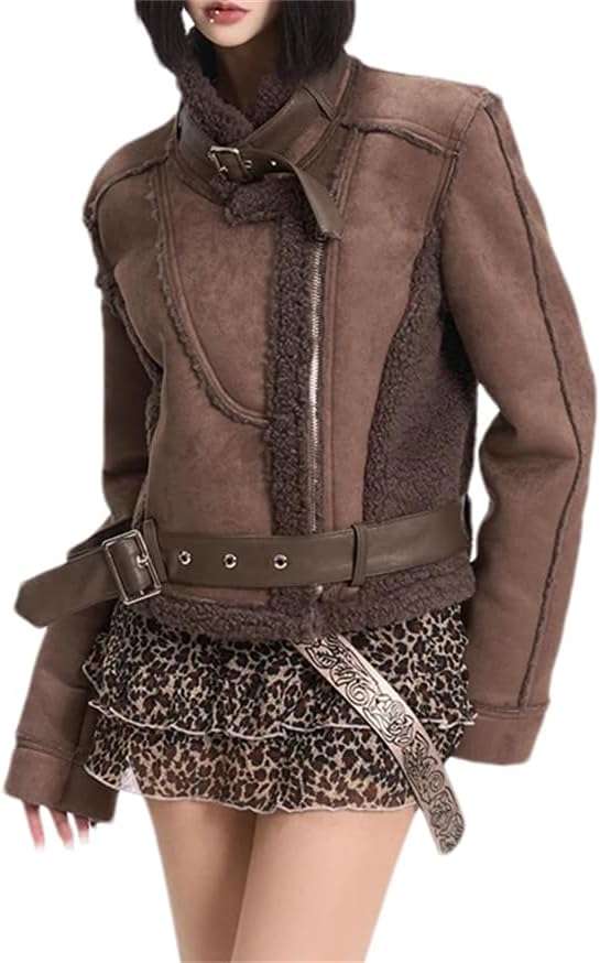 Pohullan Women Winter Thick Parka Warm Suede Lambwool Jacket Leather Short Motorcycle Biker Coat