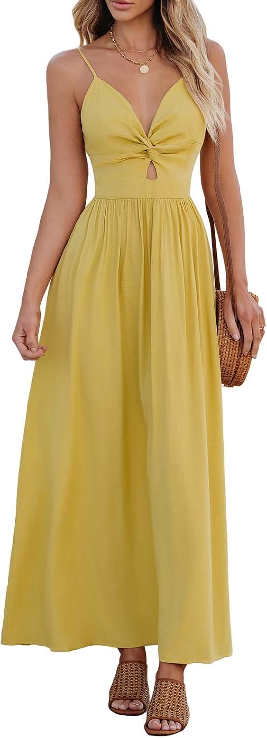 CUPSHE Women Casual Dress Beach Sleeveless V Neck Summer Cutout Spaghetti Straps Formal Maxi Sun Dresses