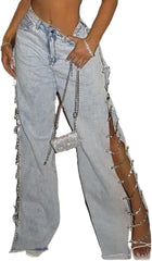 High Waisted Jeans for Women Straight Leg Ripped Rhinestone Sexy Side Slit Cut Out Jeans