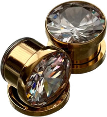PAIR of Stunning Large Clear or AB Gem PVD Plated Screw Fit Tunnels - Plugs - Gauges - Body Jewelry