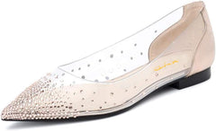 XYD Women Rhinestones Studded Ballet Flats Mesh Rivets Hidden Heels Slip On Pointed Toe Evening Dressy Shoes